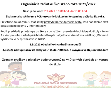 Organizácia školského roku 2021/2022